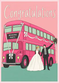 Illustrated pink double-decker bus decorated with white wedding bows, beside a bride and groom.