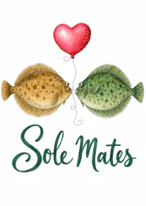 Watercolour illustration of two spotted flatfish facing each other beneath a red heart balloon, with the words “Sole Mates”.