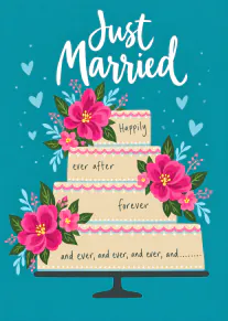 Turquoise wedding card with white Just Married lettering above a tiered floral cake.