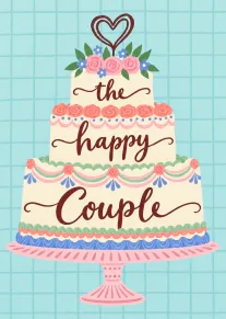 Illustrated three-tier wedding cake with floral icing and the words “the happy Couple” on a blue tiled background.