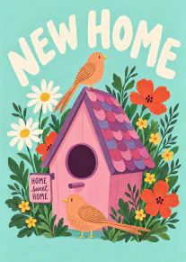Illustrated pink birdhouse surrounded by flowers and two birds, with New Home and Home Sweet Home wording.