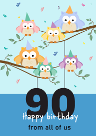 Colorful Owls Celebrate 90th Birthday with Party Hats and Confetti