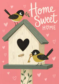 Illustrated new home card with two yellow and black birds, a wooden birdhouse, hearts and a key on a coral pink background.