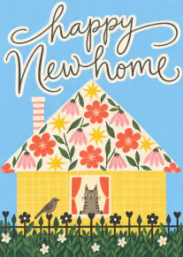 Illustrated yellow house with a floral roof, cat, bird and Happy New home lettering on a blue background.