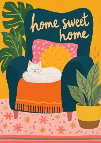 Colourful illustrated new home card with a sleeping white cat on an armchair surrounded by houseplants.