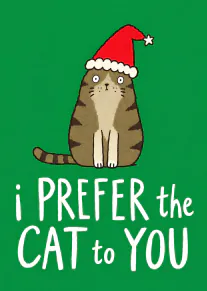 Hand-drawn tabby cat wearing a red Santa hat on a green background with a cheeky Christmas message.