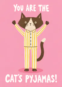 Pink card featuring a waving brown and white cat in yellow striped pyjamas, with a complimentary message.