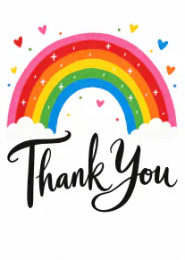 White card featuring a bright rainbow, small hearts and black hand-lettered “Thank You” text.