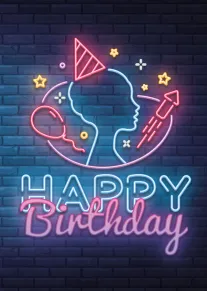 Neon birthday card with profile silhouette, balloon, party hat, rocket, and glowing Happy Birthday text.