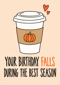 Illustrated takeaway coffee cup with a pumpkin sleeve, hearts and an autumn birthday message.