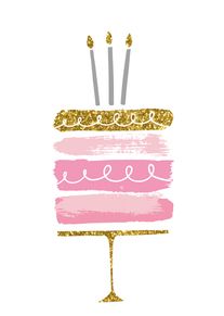 Pink and gold birthday cake card with glitter accents and three candles on white background.