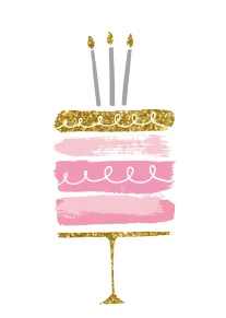 Pink and gold birthday cake card with glitter accents and three candles on white background.