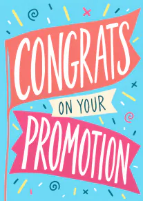 Bright blue card with coral and pink banners reading Congratulations on Your Promotion.