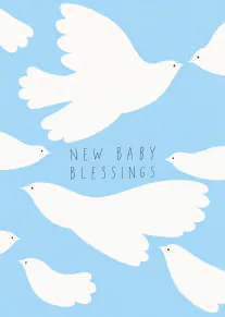 Blue card featuring white flying doves and the words “NEW BABY BLESSINGS”.