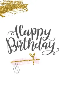 White birthday card with gold glitter brush accents, pink gift ribbon, and elegant grey script.
