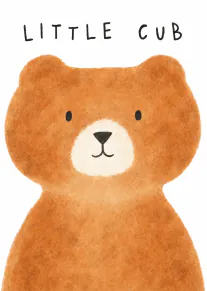 Watercolour brown bear cub with the words “LITTLE CUB” above.