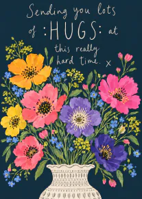 Colourful painted wildflowers in a patterned vase on a dark blue background, with a supportive hugs message.
