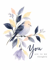 Watercolour bird perched on a leafy branch with the message “You are in my thoughts”.