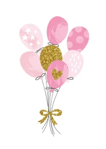 Pink and gold balloon bouquet with glitter bow and heart balloon on a white background.