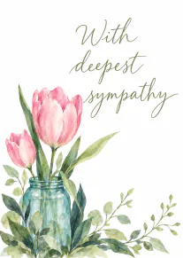 Watercolour pink tulips in a blue-green glass jar with leafy foliage and sympathy wording.