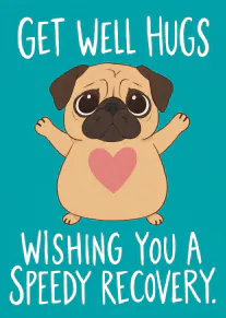 Illustrated pug with open paws and a pink heart on a teal background, with a get well message.