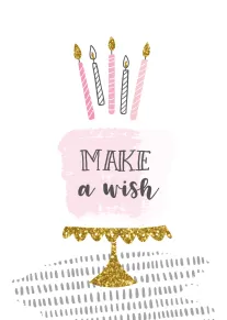 Pink and gold birthday cake with candles and Make a Wish text.