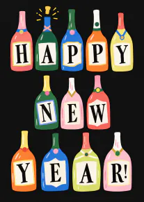 Black card featuring colourful illustrated bottles spelling Happy New Year.