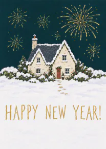 Illustrated snowy cottage beneath gold fireworks with Happy New Year lettering.