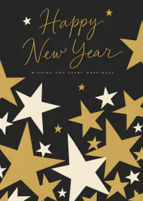 Black Happy New Year card with gold and cream stars.