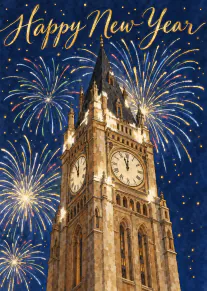 Illustrated clock tower beneath colourful fireworks with gold Happy New Year lettering.