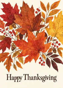 Watercolour Thanksgiving card with colourful autumn leaves, berries and acorns above Happy Thanksgiving wording.