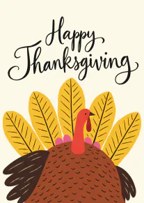 Cream card with hand-lettered Happy Thanksgiving above an illustrated turkey with golden tail feathers.