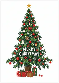Illustrated Christmas tree decorated with red baubles, festive ornaments and presents, with Merry Christmas lettering.