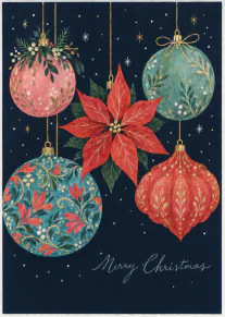 Dark navy Christmas card with painted floral baubles, a red poinsettia and Merry Christmas lettering.