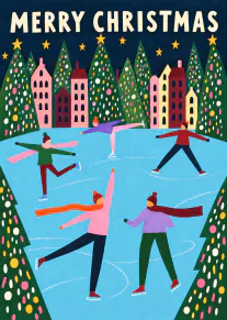 Colourful illustrated Christmas card showing people ice skating between decorated trees and houses.