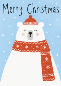 Illustrated white polar bear wearing a red hat and scarf beneath Merry Christmas text on a blue snowy background.