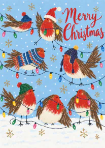 Painted Christmas card showing seven robins in winter hats among colourful string lights, snowflakes and the words “Merry Christmas”.