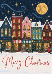 Illustrated snowy Christmas village with decorated shops, glowing windows, stars, a full moon and Merry Christmas lettering.