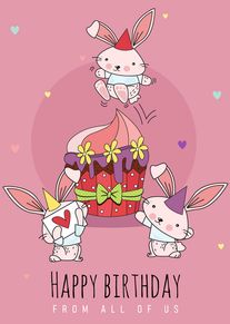 Three cute rabbits celebrate with a decorated cake on a pink Happy Birthday card design.