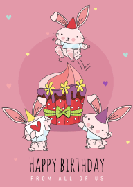 Cute Birthday Card with Party Bunnies and Colorful Cupcake