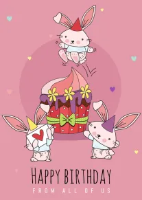 Three cute rabbits celebrate with a decorated cake on a pink Happy Birthday card design.