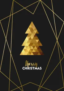Black card with gold geometric Christmas tree and Merry Christmas text.