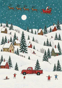 Illustrated snowy village at night with Santa in a reindeer sleigh flying overhead.