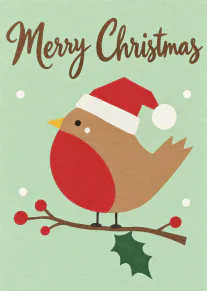 Illustrated robin wearing a red Santa hat on a holly branch beneath Merry Christmas lettering.