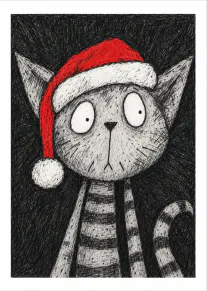 Scratchy black and white illustration of a wide-eyed cat wearing a red Santa hat.