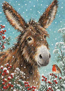 Painted brown donkey surrounded by snowy red berries and white flowers, with a robin against a blue winter sky.