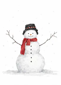 Watercolour illustration of a smiling snowman wearing a black hat and red scarf in falling snow.