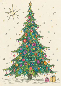 Hand-drawn green Christmas tree covered in colourful baubles, stars and two wrapped gifts.