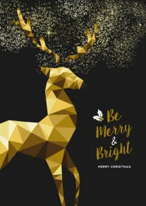 Golden geometric deer beneath sparkling stars with Be Merry and Bright Merry Christmas wording text.