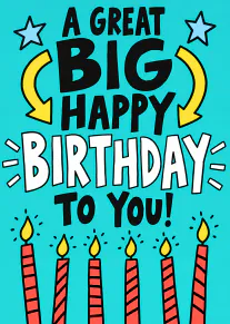 Turquoise birthday card with bold black and white lettering, yellow stars and six striped birthday candles.